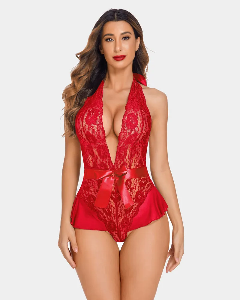 Halter V Neck One Piece Lingerie