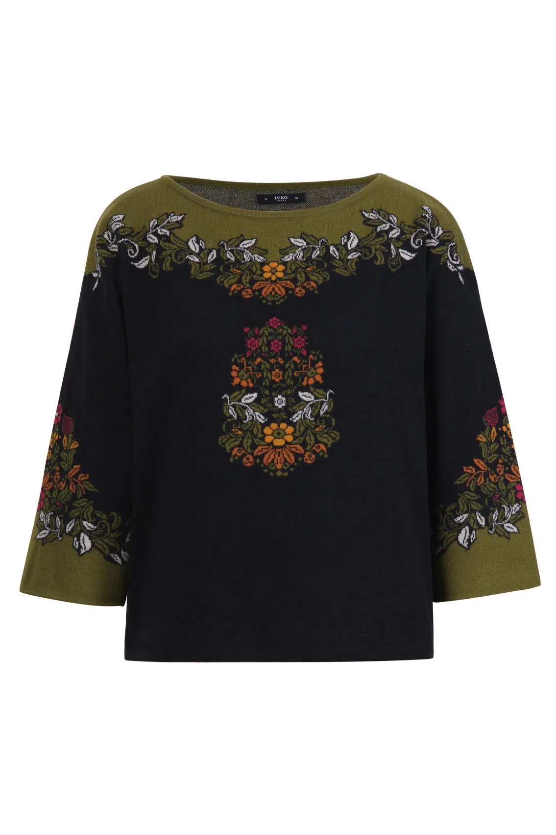 Intarsia Pullover, Floral Motive - Black