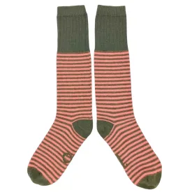 Ladies Coral & Soft Brown Stripe Lambswool Knee Socks
