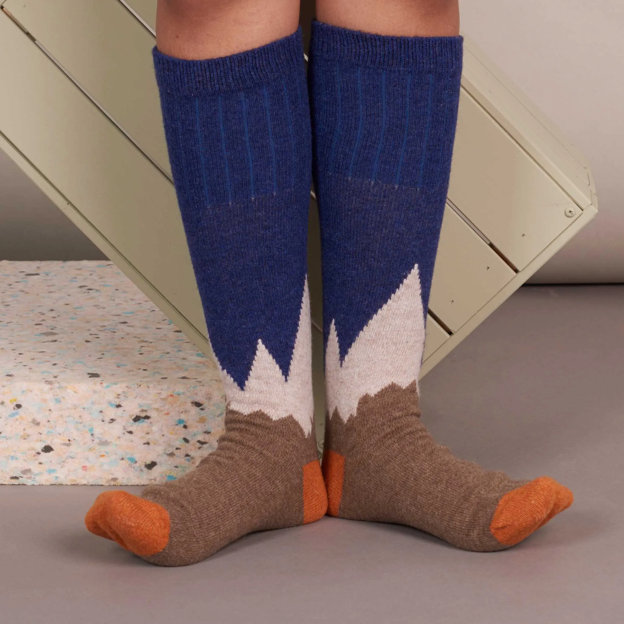 Ladies Navy & Orange Mountain Lambswool Knee Socks