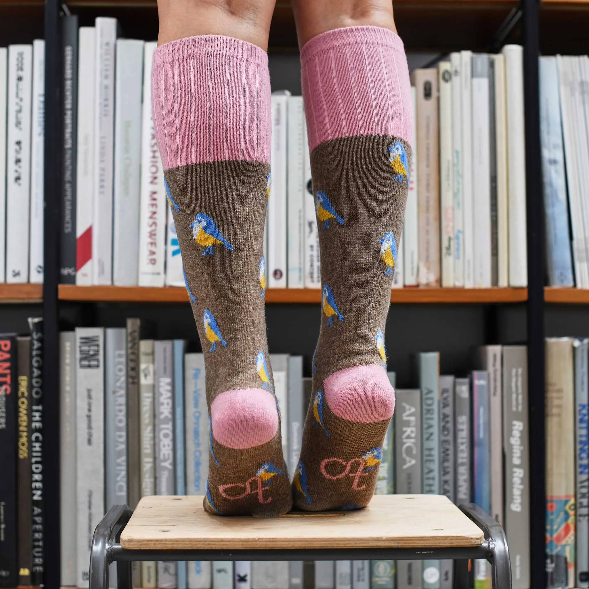 Ladies Soft Brown Blue Tit Lambswool Knee Socks