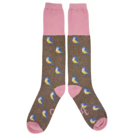 Ladies Soft Brown Blue Tit Lambswool Knee Socks