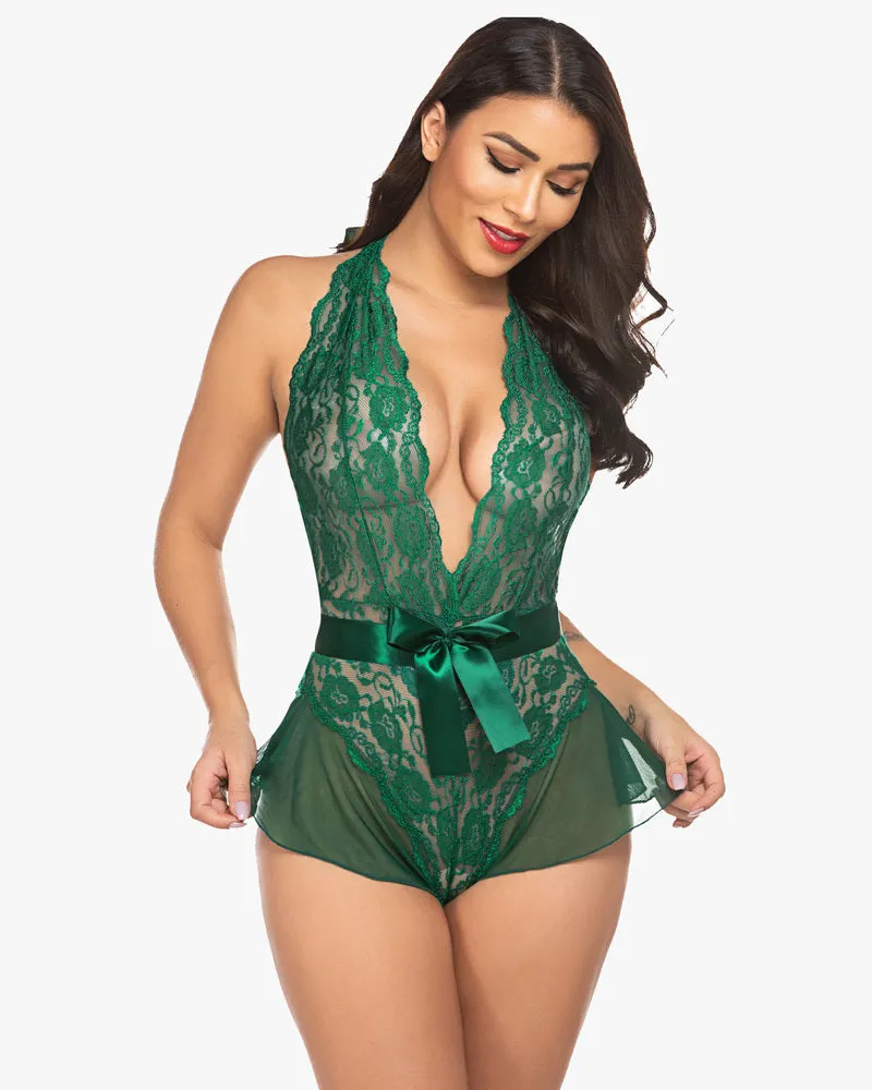 Leopard Lace Halter V Neck Bodysuit