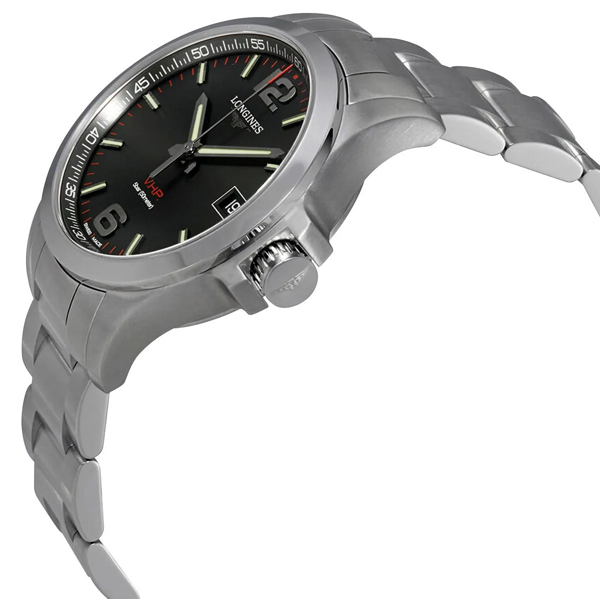 Longines Conquest V.H.P. Mens Quartz Watch - Stainless Steel, Black Dial, Perpetual Calendar Date - Model L3.716.4.56.6