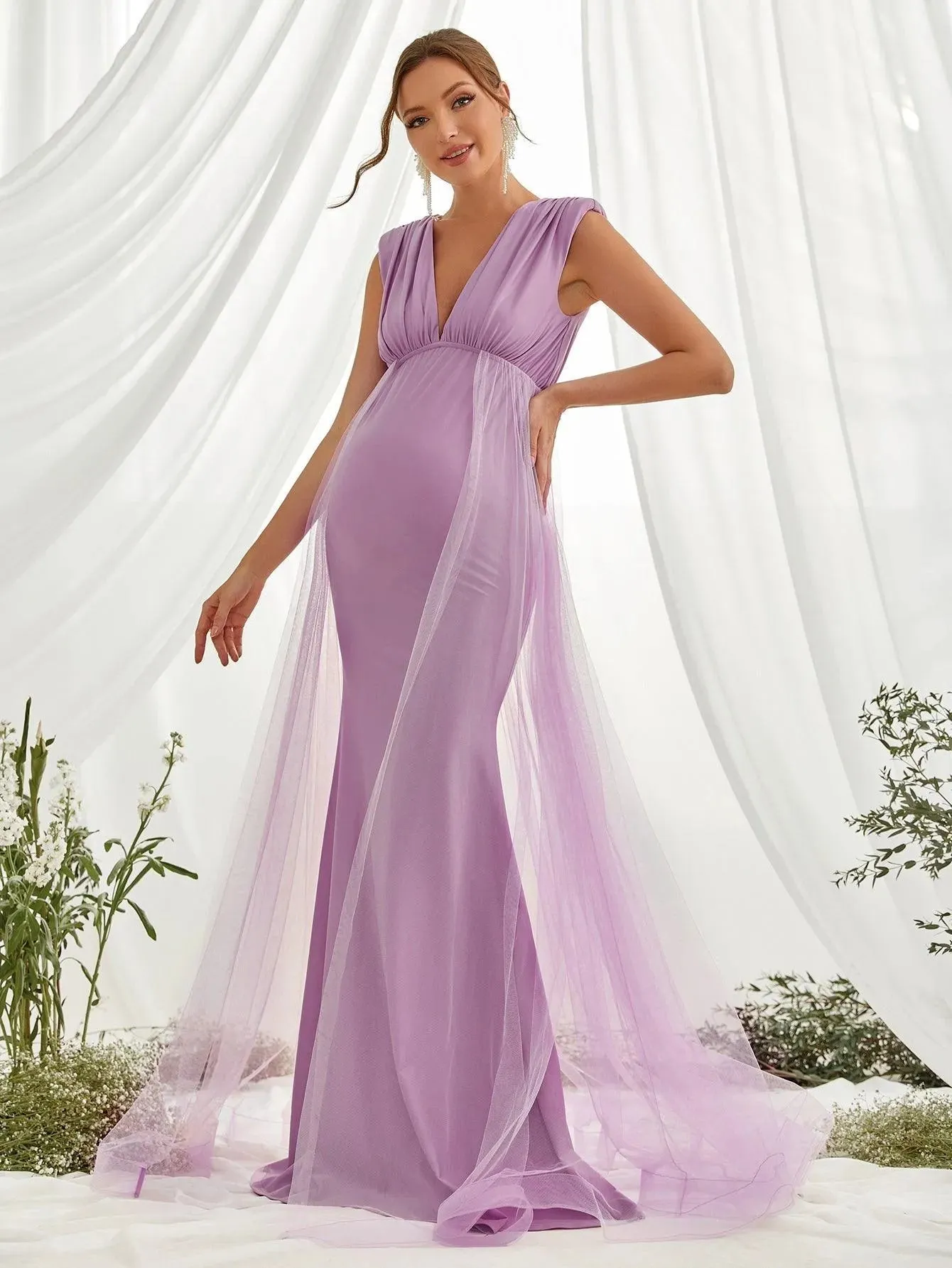 Maternity Plunging Neck Sleeveless Contrast Mesh Party Dress