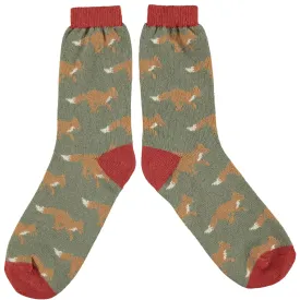 Men's Dark Green Fox Lambswool Ankle Socks