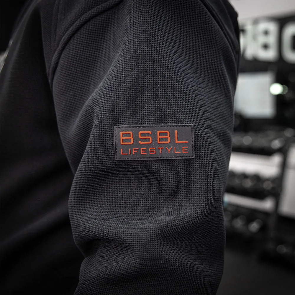 Black Waffle-Knit Performance Hoodie with Hood
