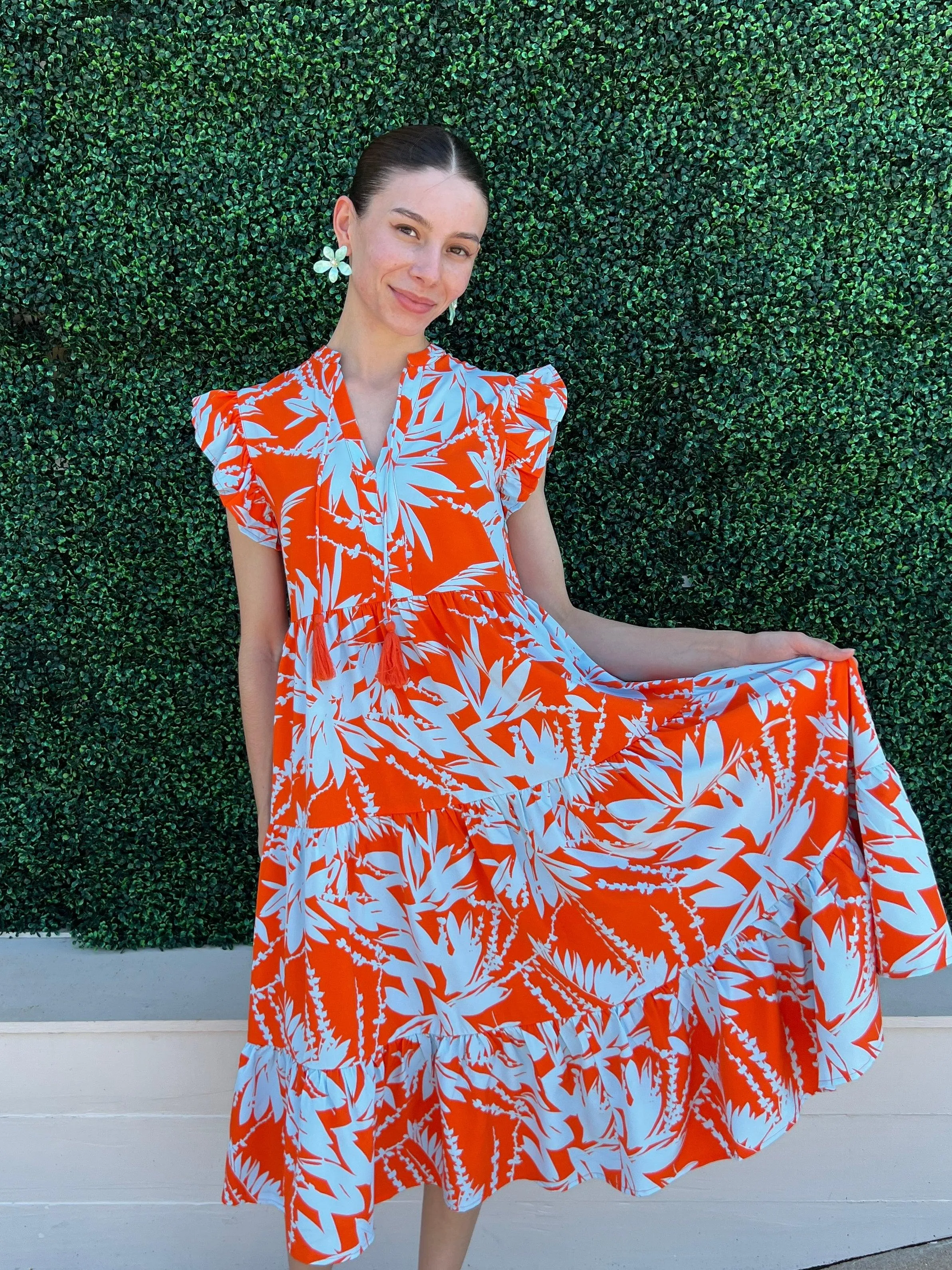 Orange Palms Print Midi