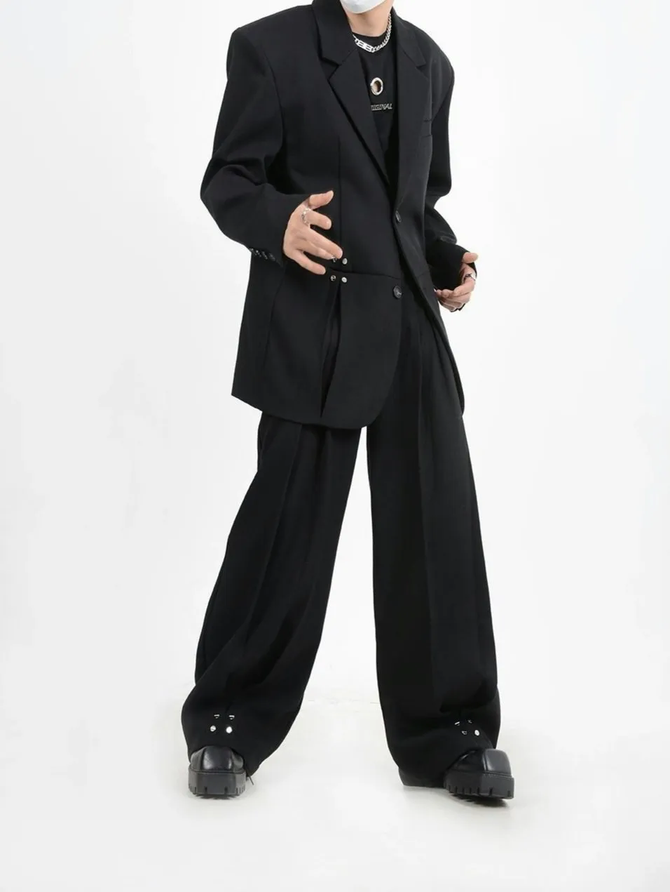 Oversized Blazer and Wide-Leg Trouser Set with Rivet Details