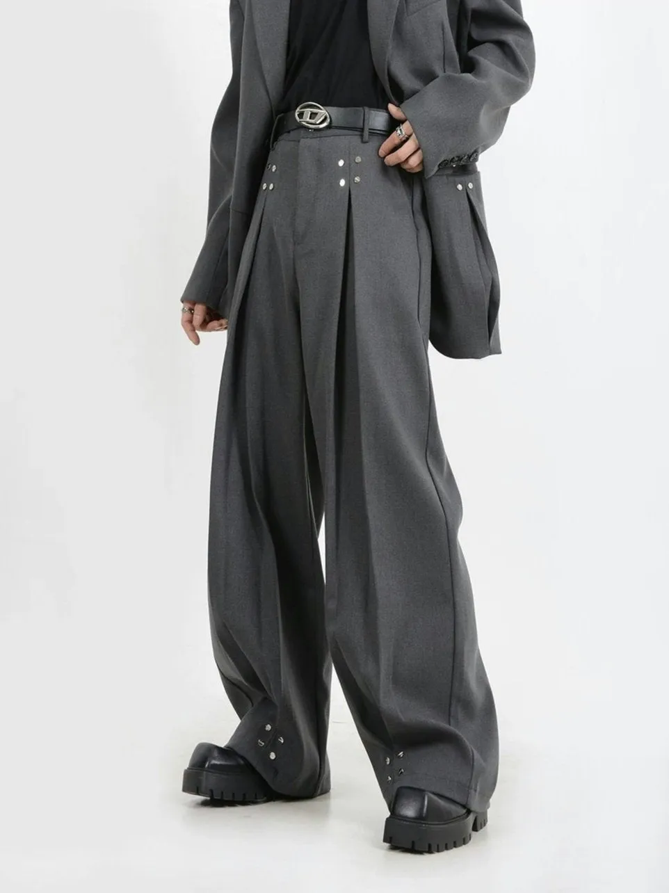Oversized Blazer and Wide-Leg Trouser Set with Rivet Details