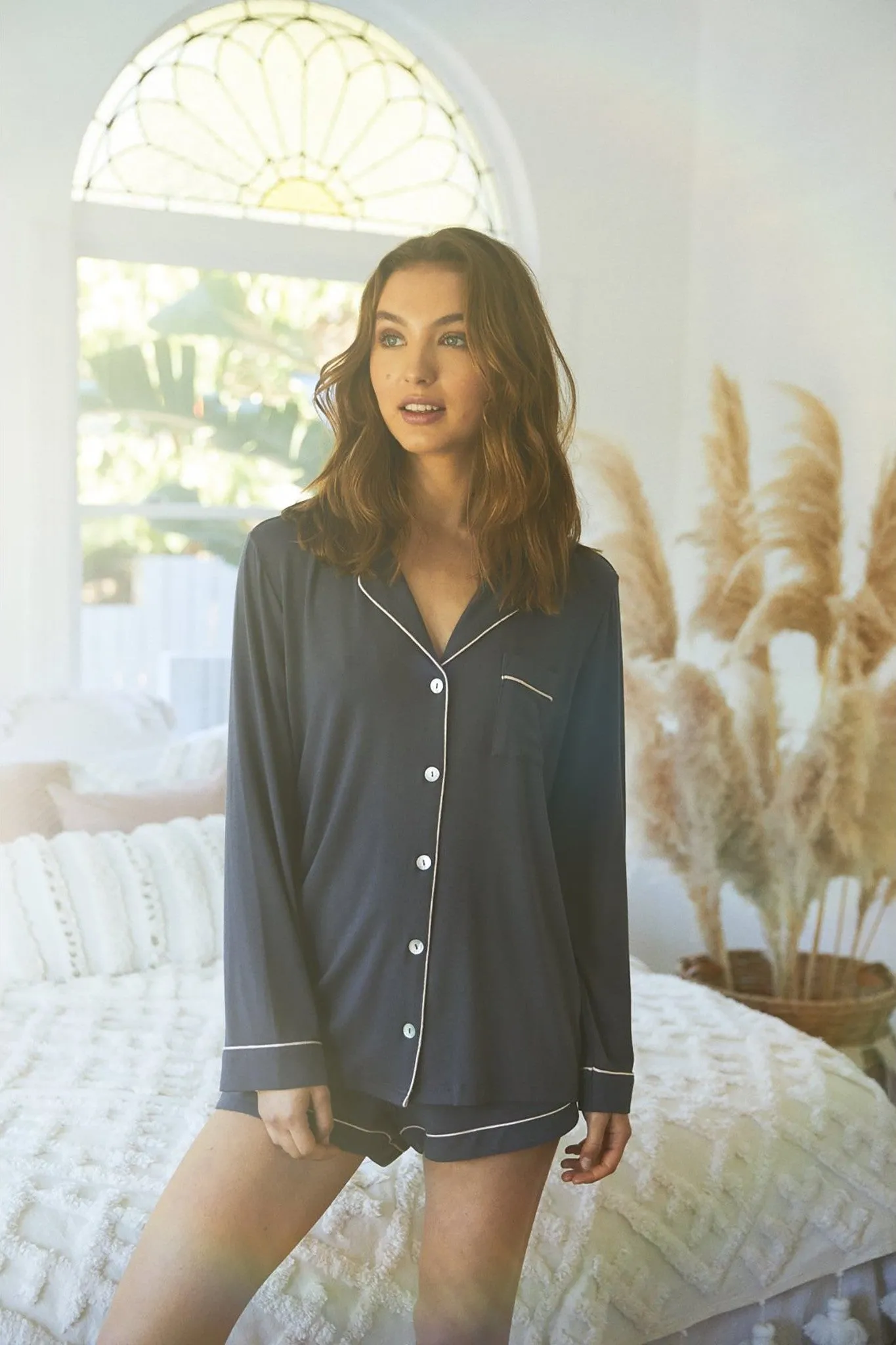 Petra Womens TENCEL™ Modal Long Sleeve with Short Pyjama Set - Charcoal with Blush Piping