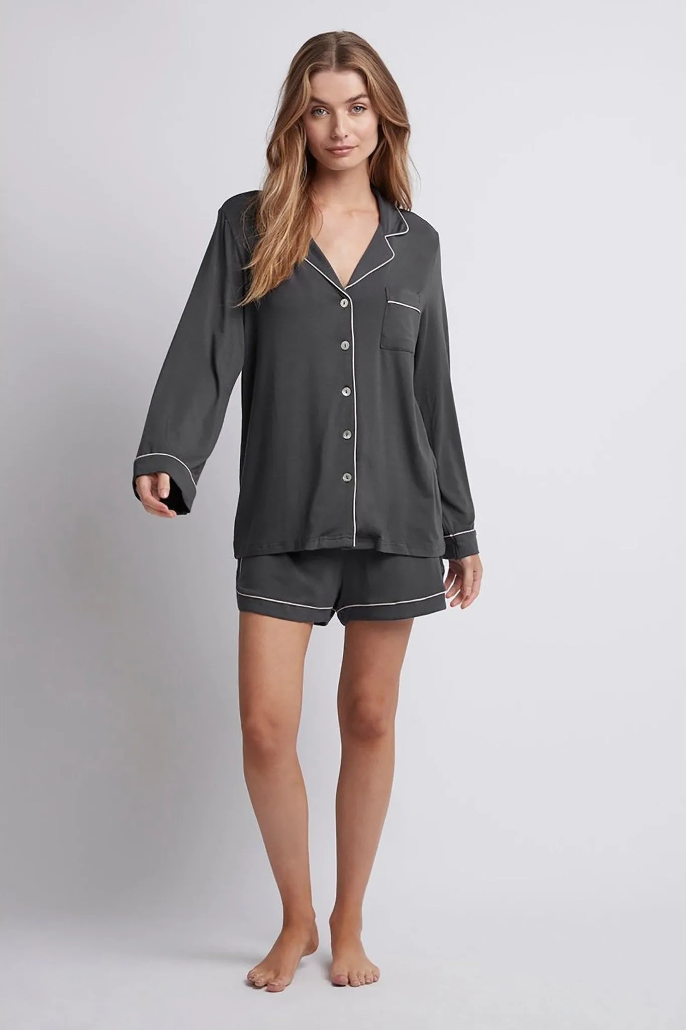 Petra Womens TENCEL™ Modal Long Sleeve with Short Pyjama Set - Charcoal with Blush Piping