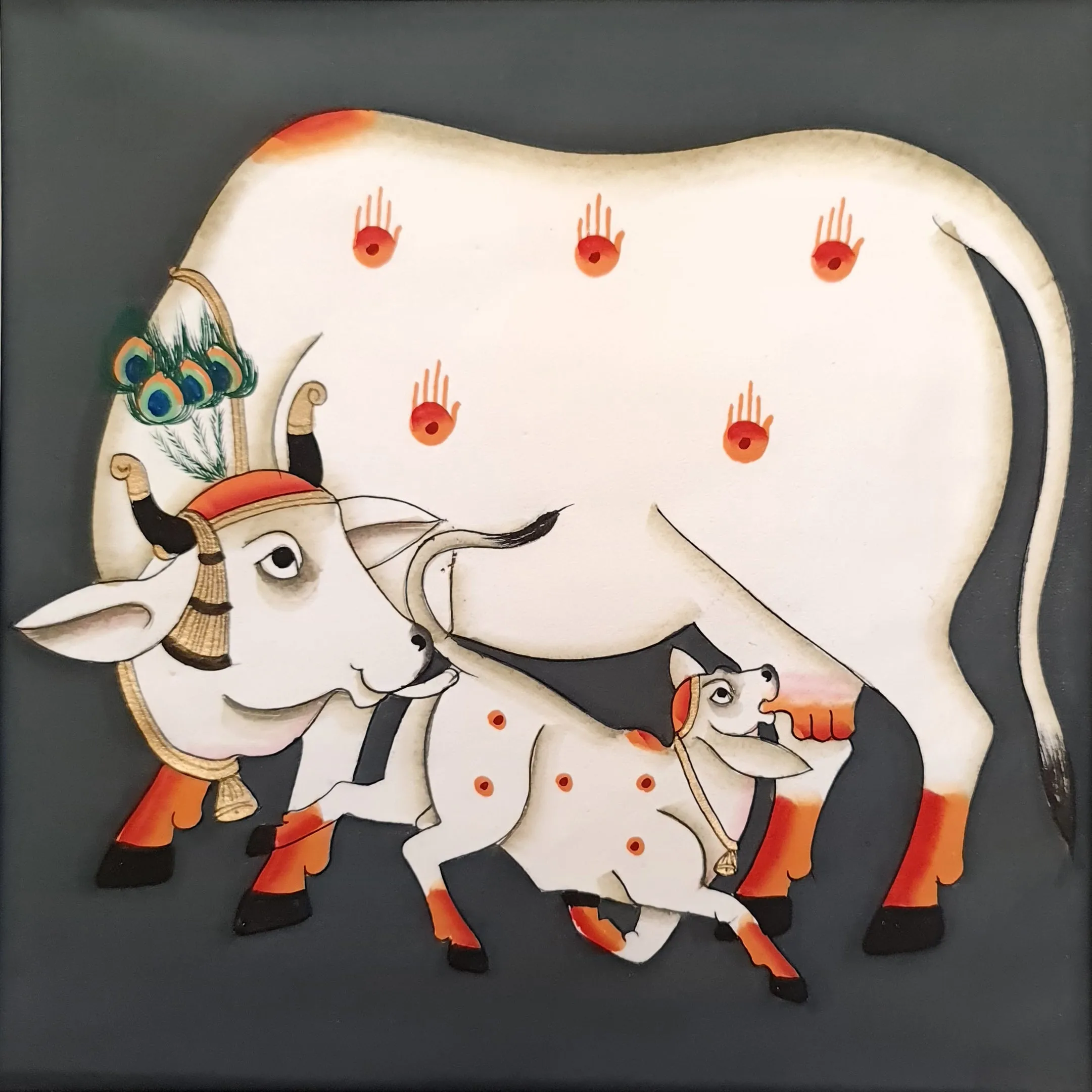 Pichwai Kamadhenu and calf Slate gray Painting