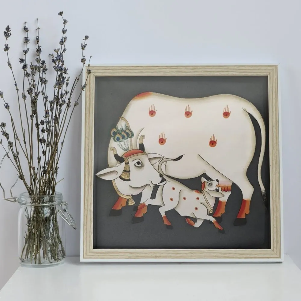 Pichwai Kamadhenu and calf Slate gray Painting