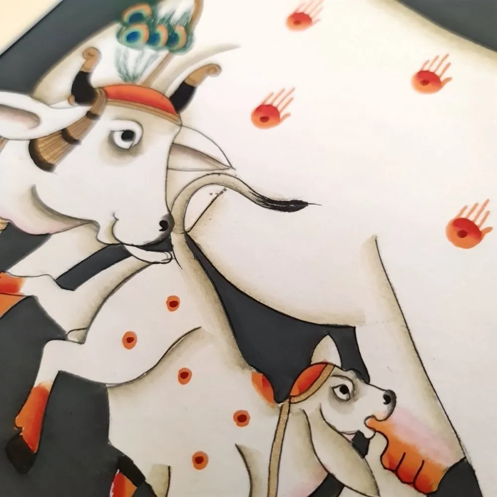 Pichwai Kamadhenu and calf Slate gray Painting