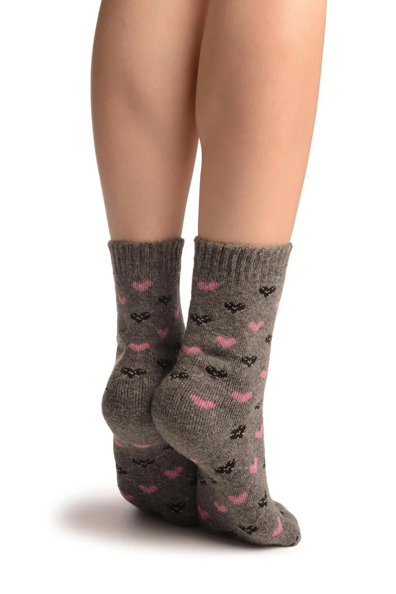 Pink & Black Hearts On Grey Angora Ankle High Socks