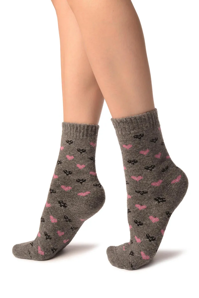 Pink & Black Hearts On Grey Angora Ankle High Socks