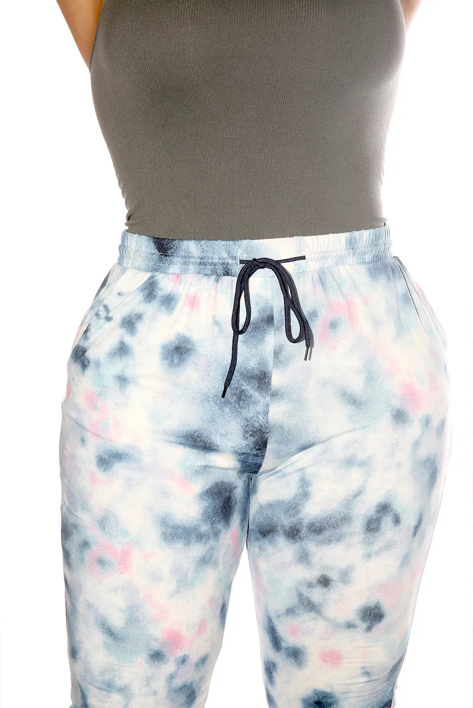 Plus Size Soft Brushed Joggers With Shoe Lace Tie - Blue, Pink Tie Dye