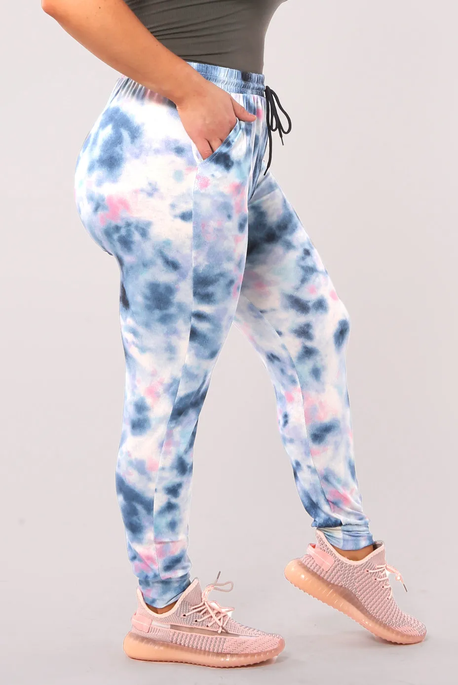 Plus Size Soft Brushed Joggers With Shoe Lace Tie - Blue, Pink Tie Dye