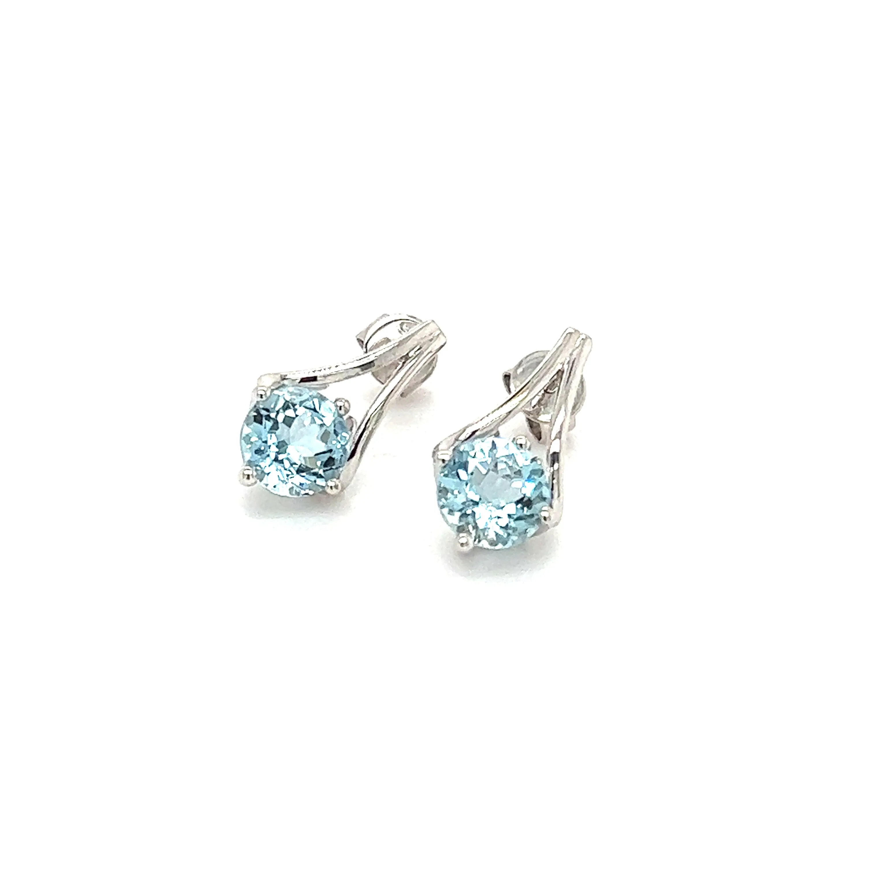 Round Aquamarine Earrings with V-Shaped Bars in 14K White Gold