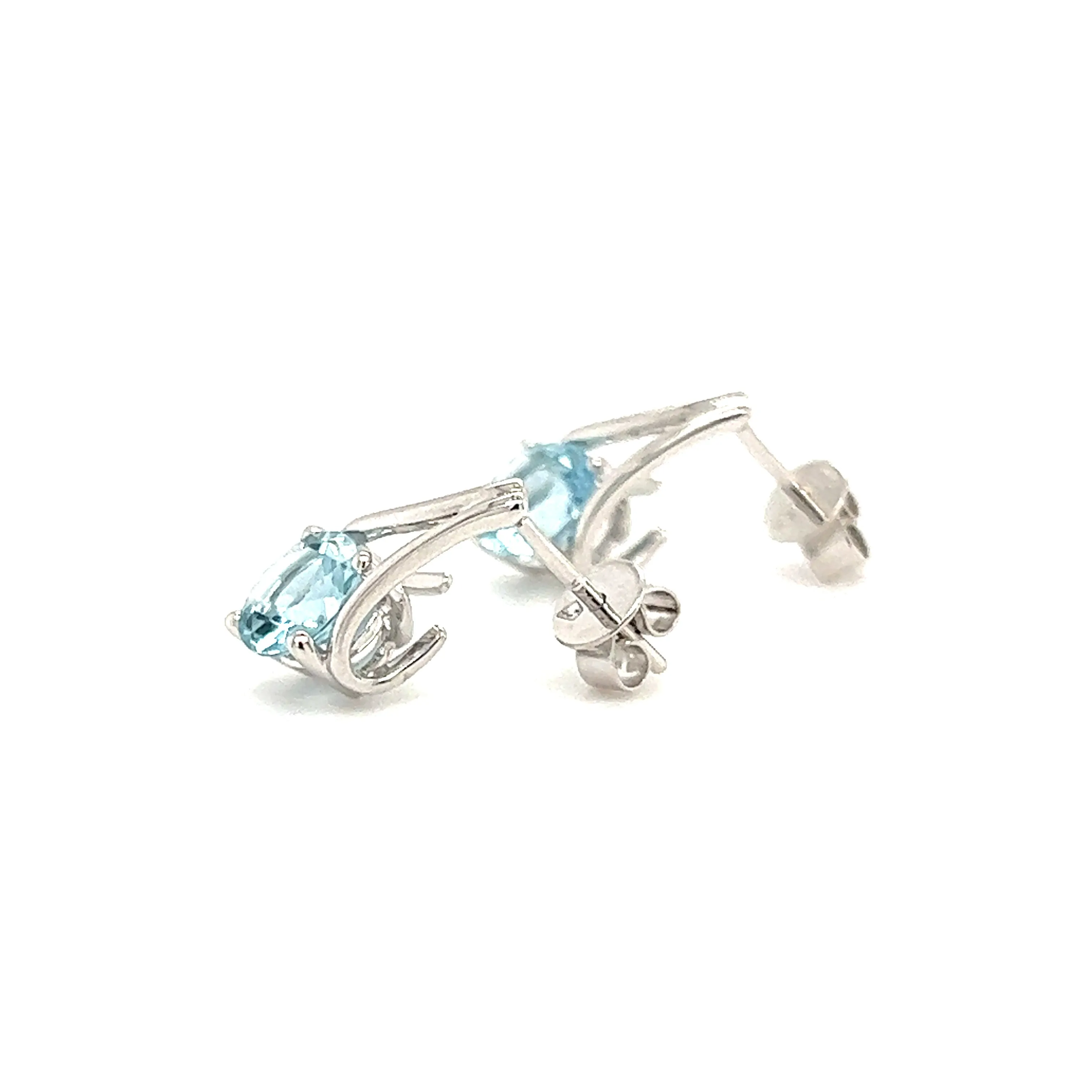Round Aquamarine Earrings with V-Shaped Bars in 14K White Gold