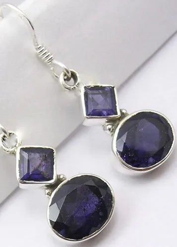 Solid Silver Iolite Diamond and Oval Drop Earrings