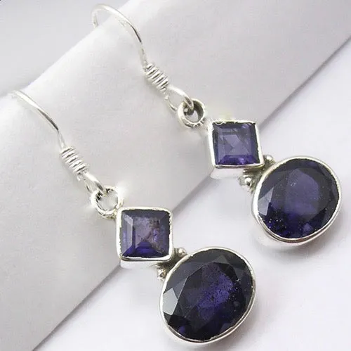 Solid Silver Iolite Diamond and Oval Drop Earrings