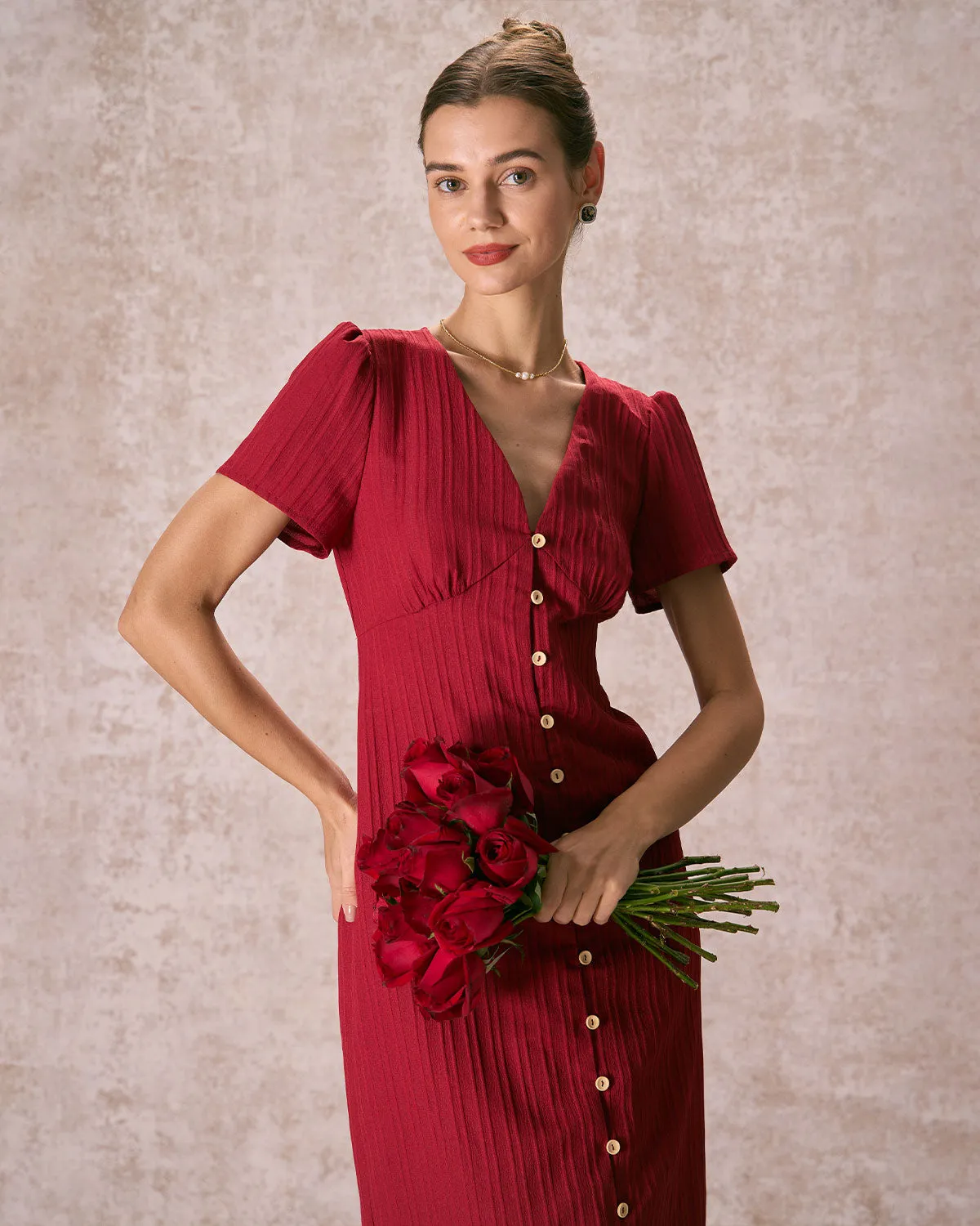 The Red V Neck Shirred Puff Sleeve Midi Dress