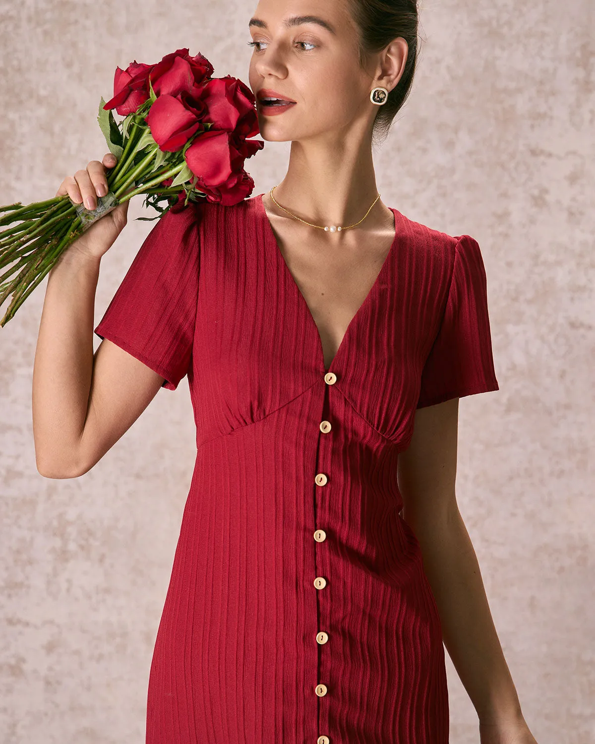 The Red V Neck Shirred Puff Sleeve Midi Dress