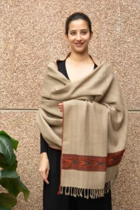 TICH Fine, Soft Himachal Self Striped Wool Stole - Beige & Red