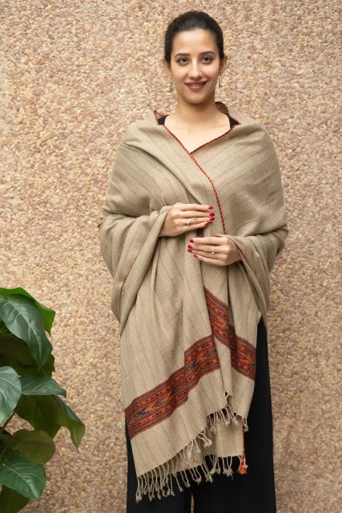 TICH Fine, Soft Himachal Self Striped Wool Stole - Beige & Red