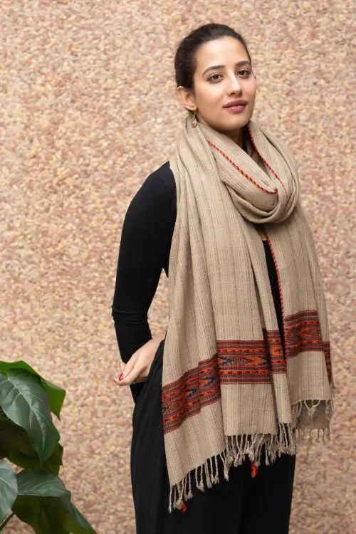 TICH Fine, Soft Himachal Self Striped Wool Stole - Beige & Red