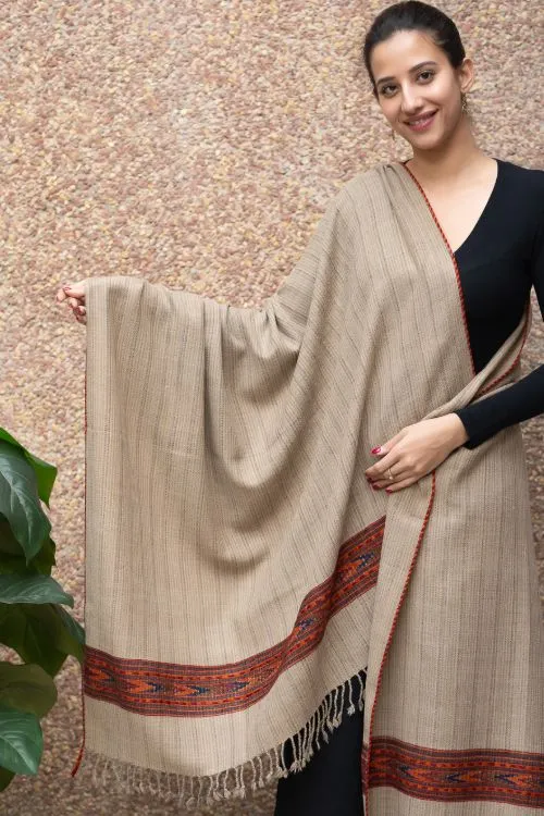 TICH Fine, Soft Himachal Self Striped Wool Stole - Beige & Red