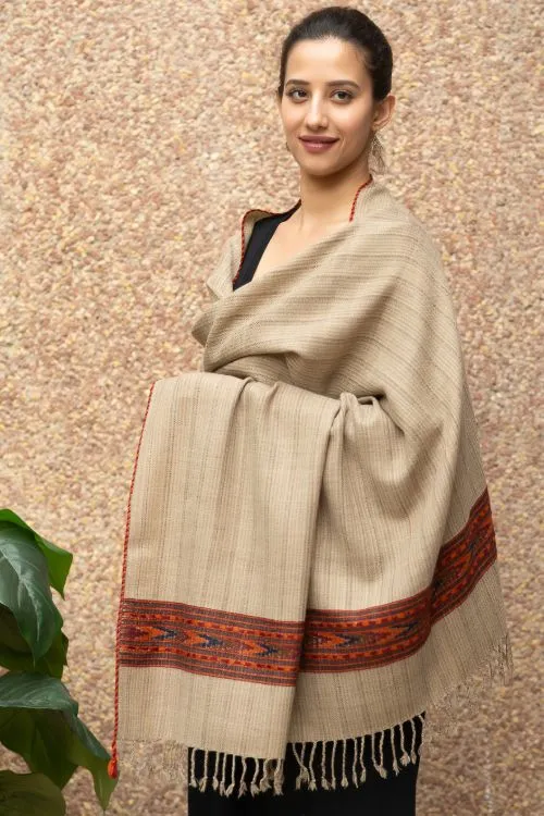 TICH Fine, Soft Himachal Self Striped Wool Stole - Beige & Red