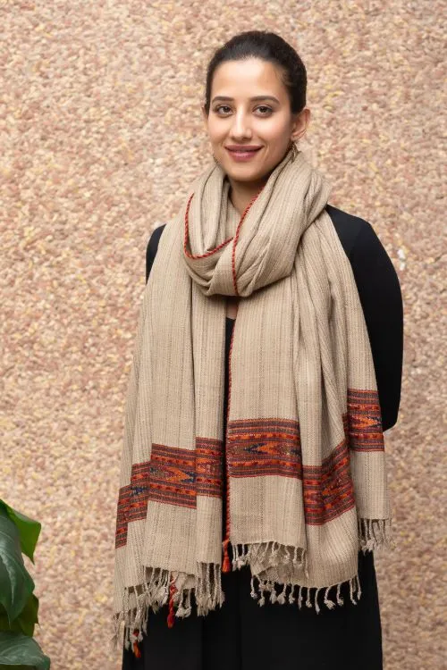 TICH Fine, Soft Himachal Self Striped Wool Stole - Beige & Red