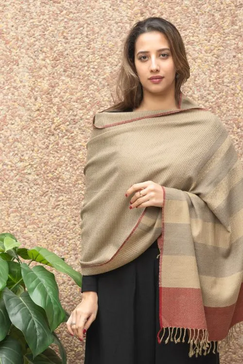 TICH Fine, Soft Himachal Wool Self Striped Stole - Beige & Red