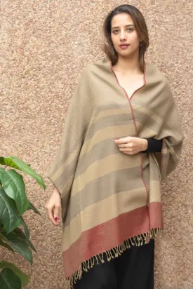 TICH Fine, Soft Himachal Wool Self Striped Stole - Beige & Red