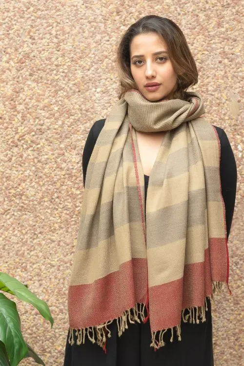 TICH Fine, Soft Himachal Wool Self Striped Stole - Beige & Red