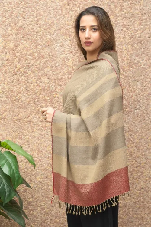 TICH Fine, Soft Himachal Wool Self Striped Stole - Beige & Red