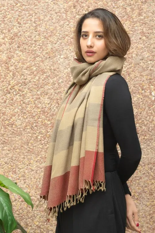 TICH Fine, Soft Himachal Wool Self Striped Stole - Beige & Red