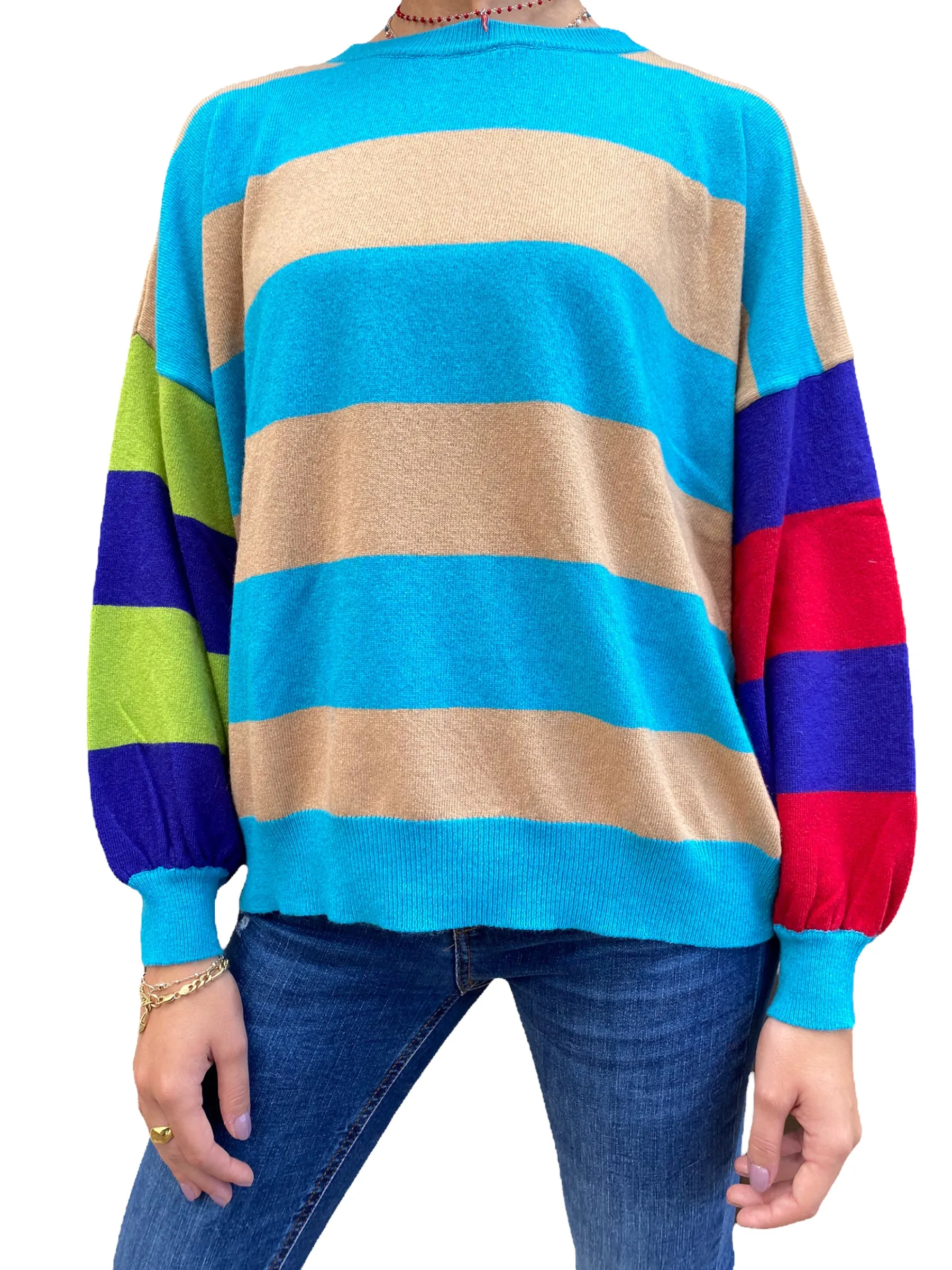 Vicolo turquoise/ camel lines pullover